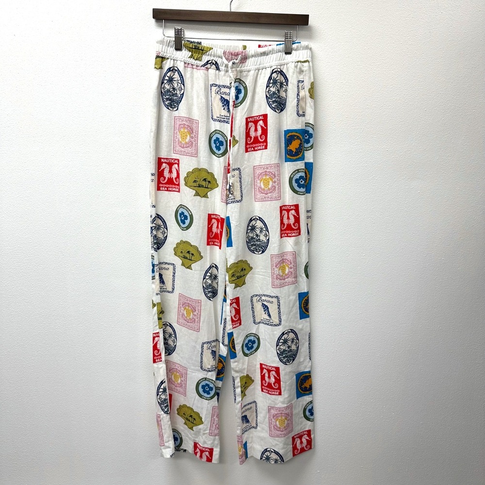 Rachel Zoe Pacific Stamps Travel Print Linen Blend‎ Pants S